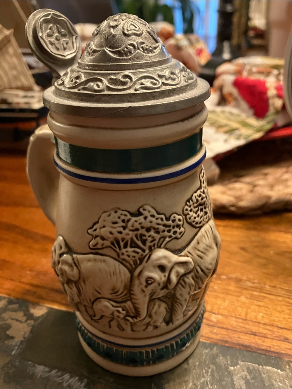 Ceramic Elephant Relief Beer Stein in Cream and Teal